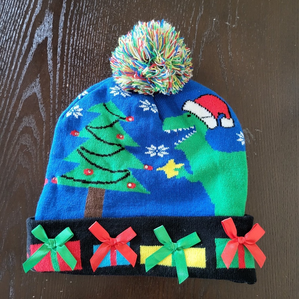 Dinosaur Christmas LED Beanie Hat Light Up Colorful Pom Pom One Size